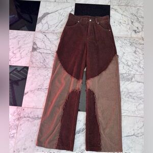 Two-Tone Patchwork High Waisted Wide Leg Corduroy Pants L Brown Tan Western Boho